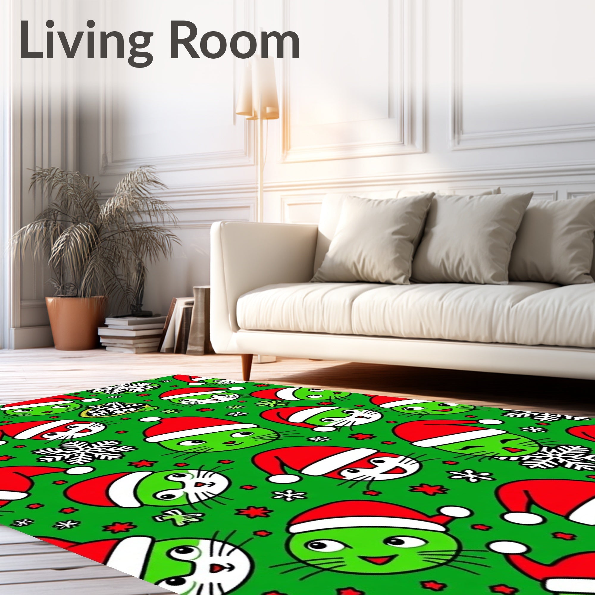Green Christmas Cat Santa Hat Snowflakes Rug