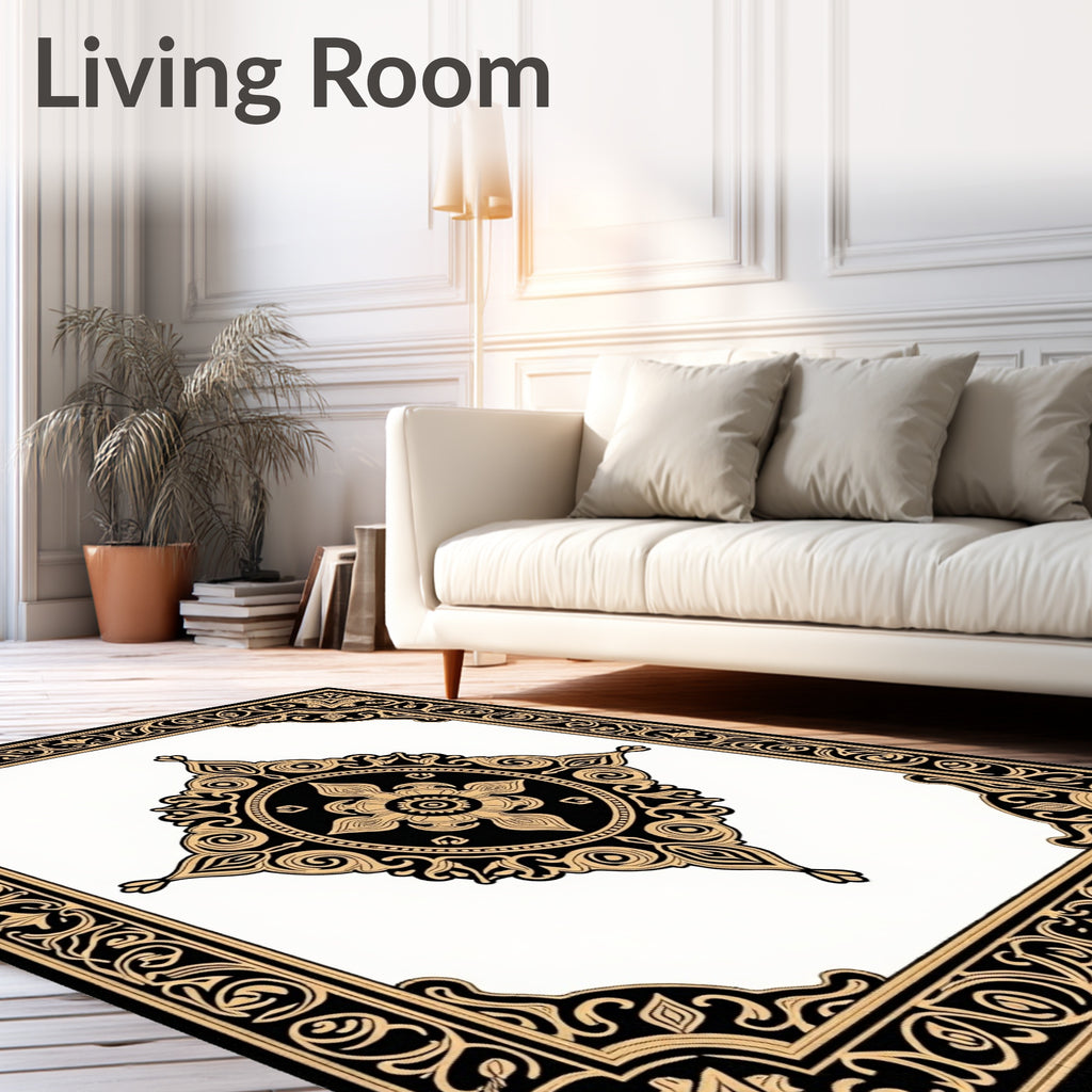 Intricate Black Gold Arabesque Mandala Rug