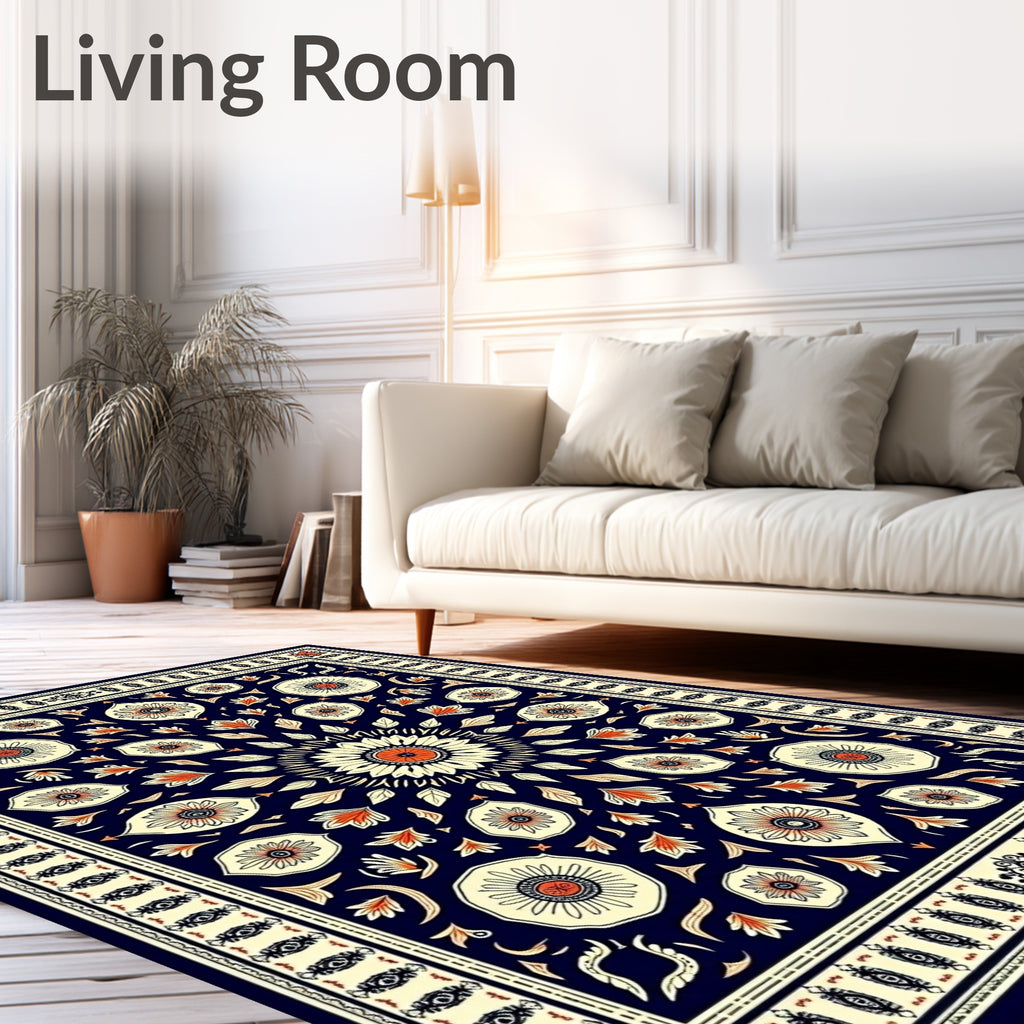 Navy Coral Floral Sunburst Medallion Rug