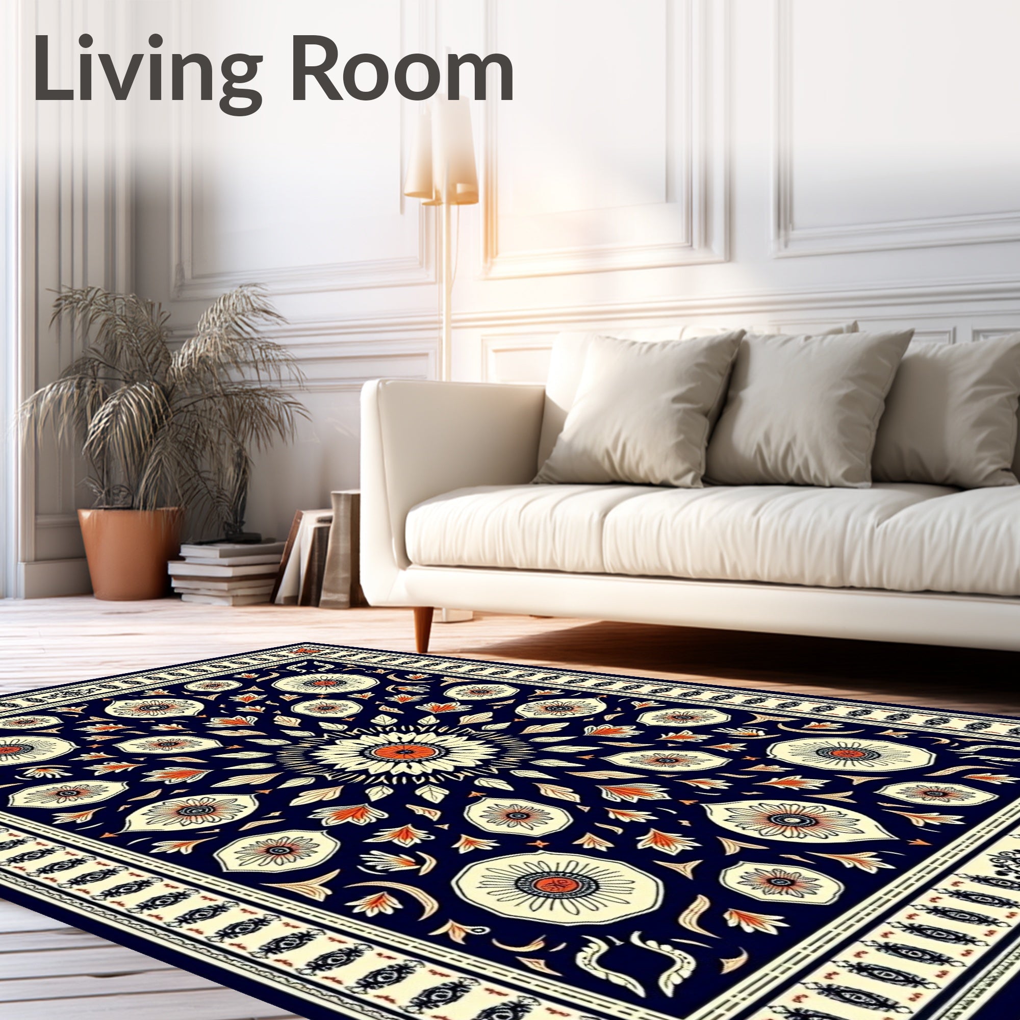 Navy Coral Floral Sunburst Medallion Rug