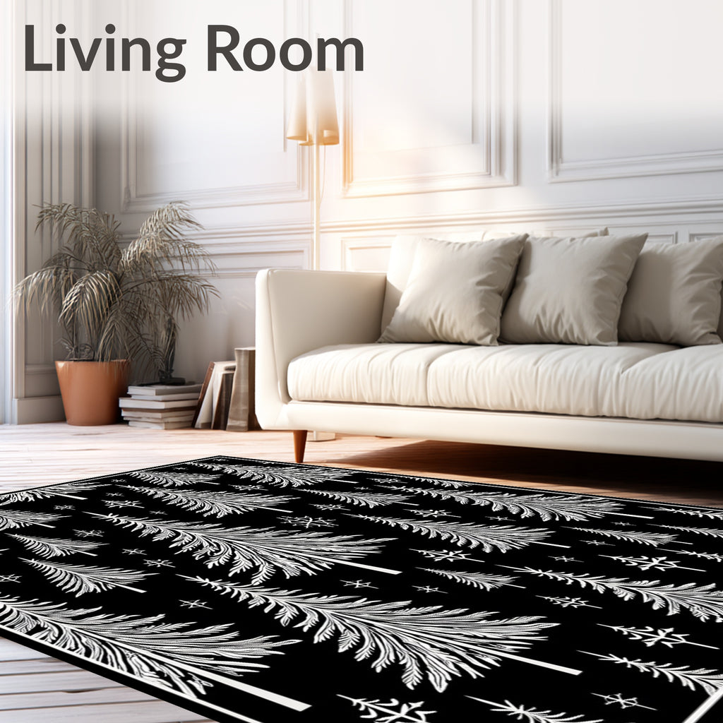 Black White Pine Forest Snowflake Trees Rug