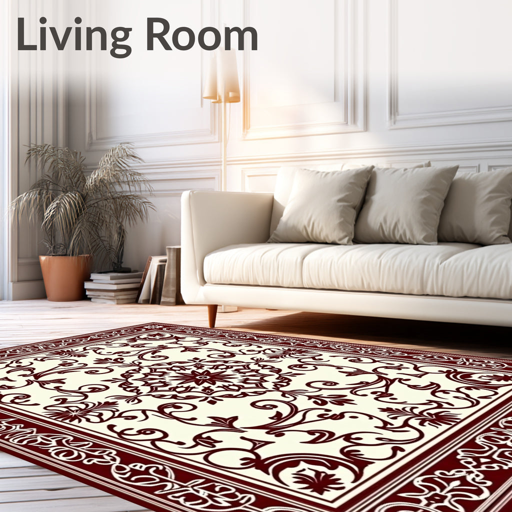 Ornate Crimson Vine Scrollwork Medallion Rug
