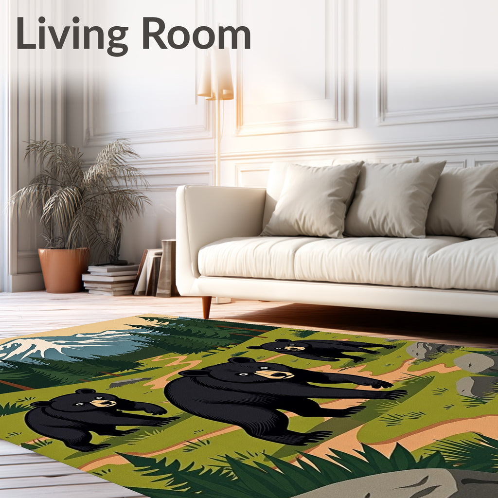 Woodland Bear Family Snowy Mountain Scene Rug