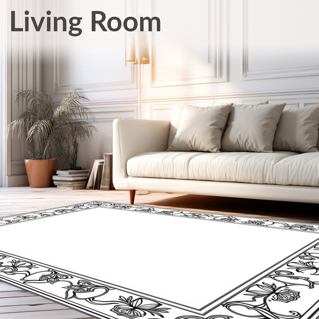 Ornate Black Floral Scrollwork Frame Rug