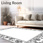 Ornate Black Floral Scrollwork Frame Rug