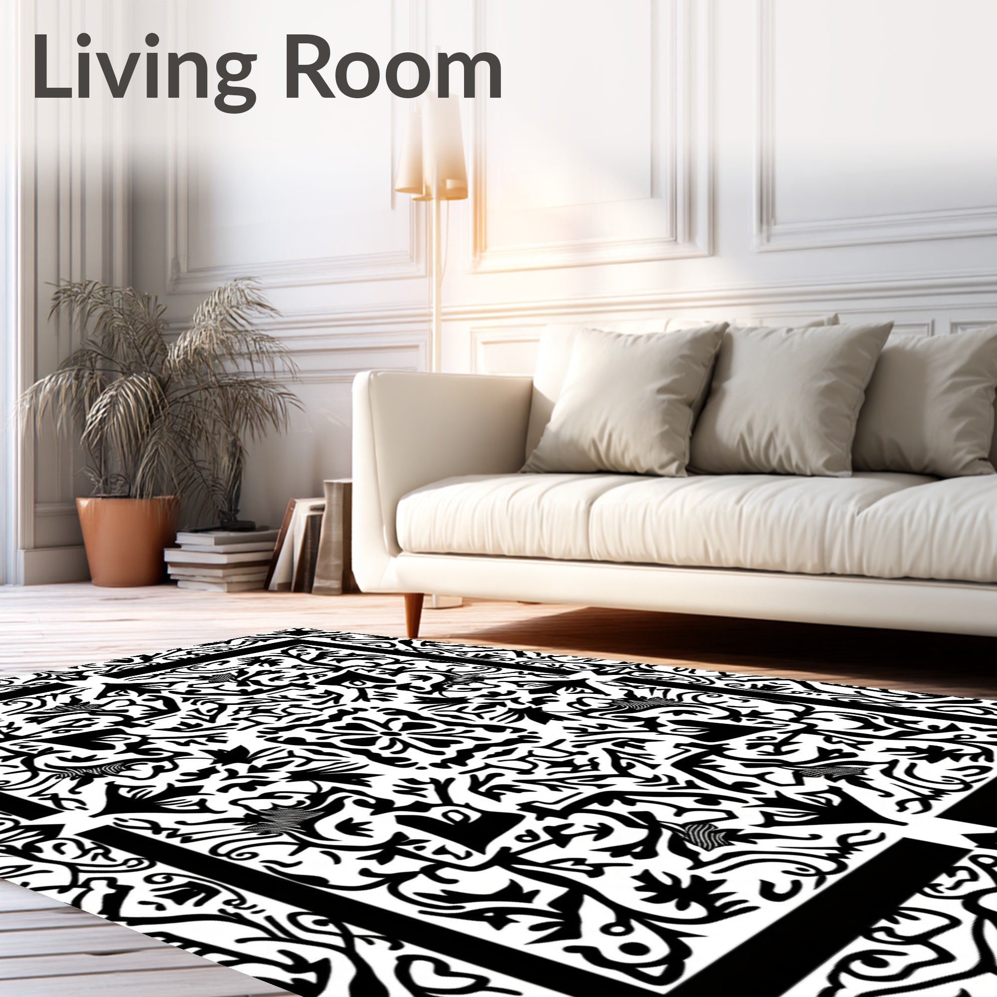 Black White Damask Floral Medallion Rug