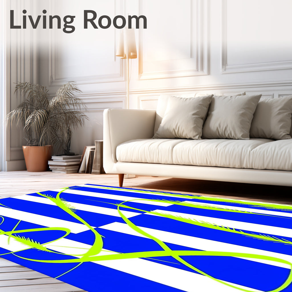Electric Blue White Stripe Grass Swirls Rug