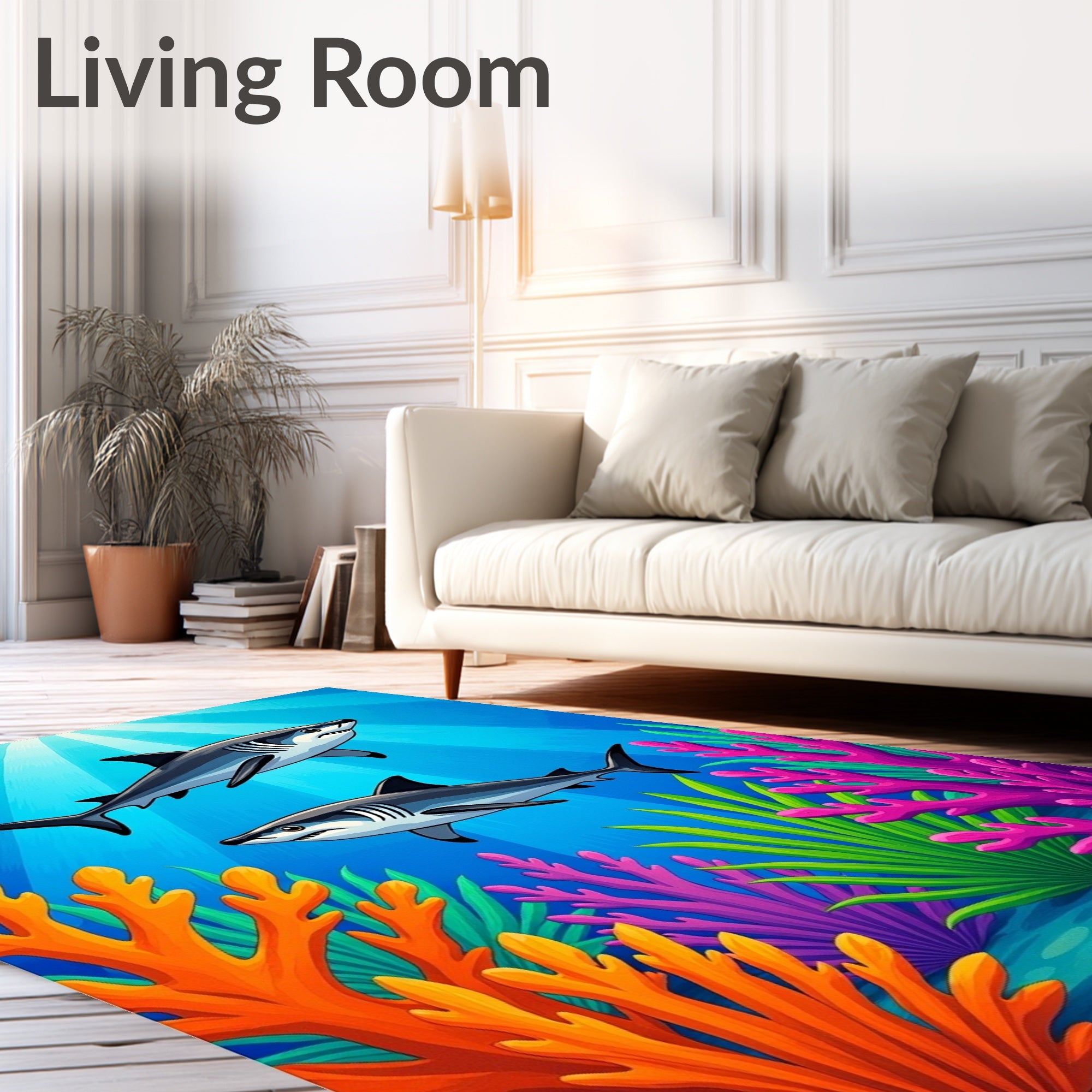 Ocean Sharks with Colorful Coral Reef Rug