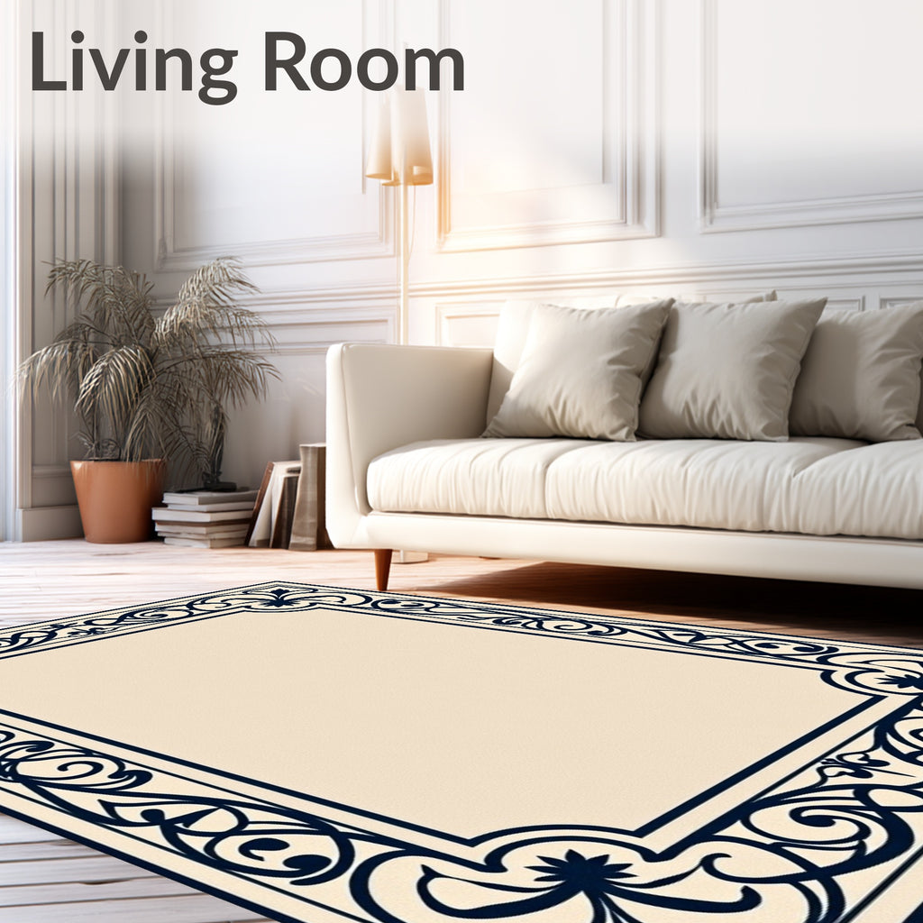 Deep Blue Floral Scroll Border Rug
