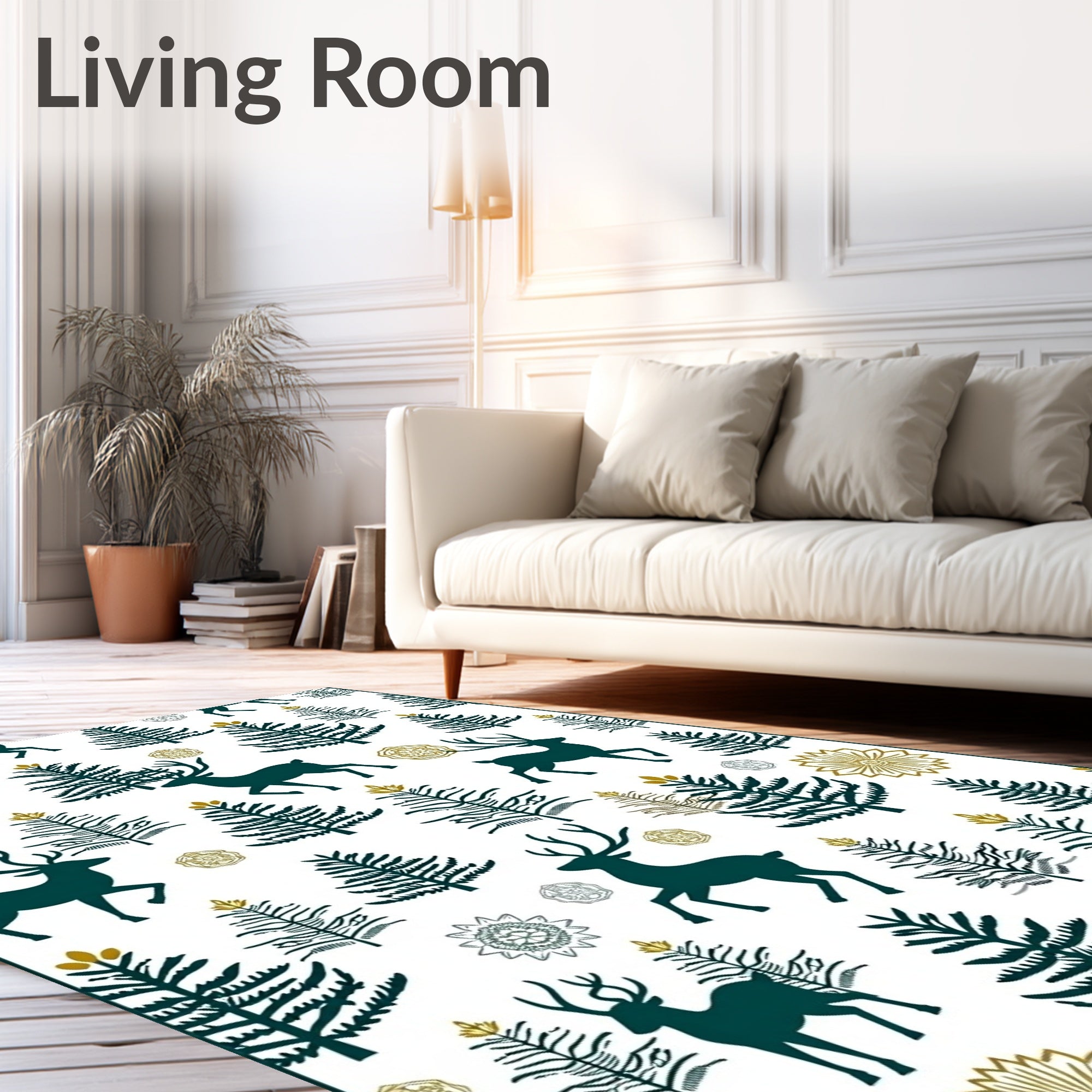Winter Deer Forest Gold Medallion Rug