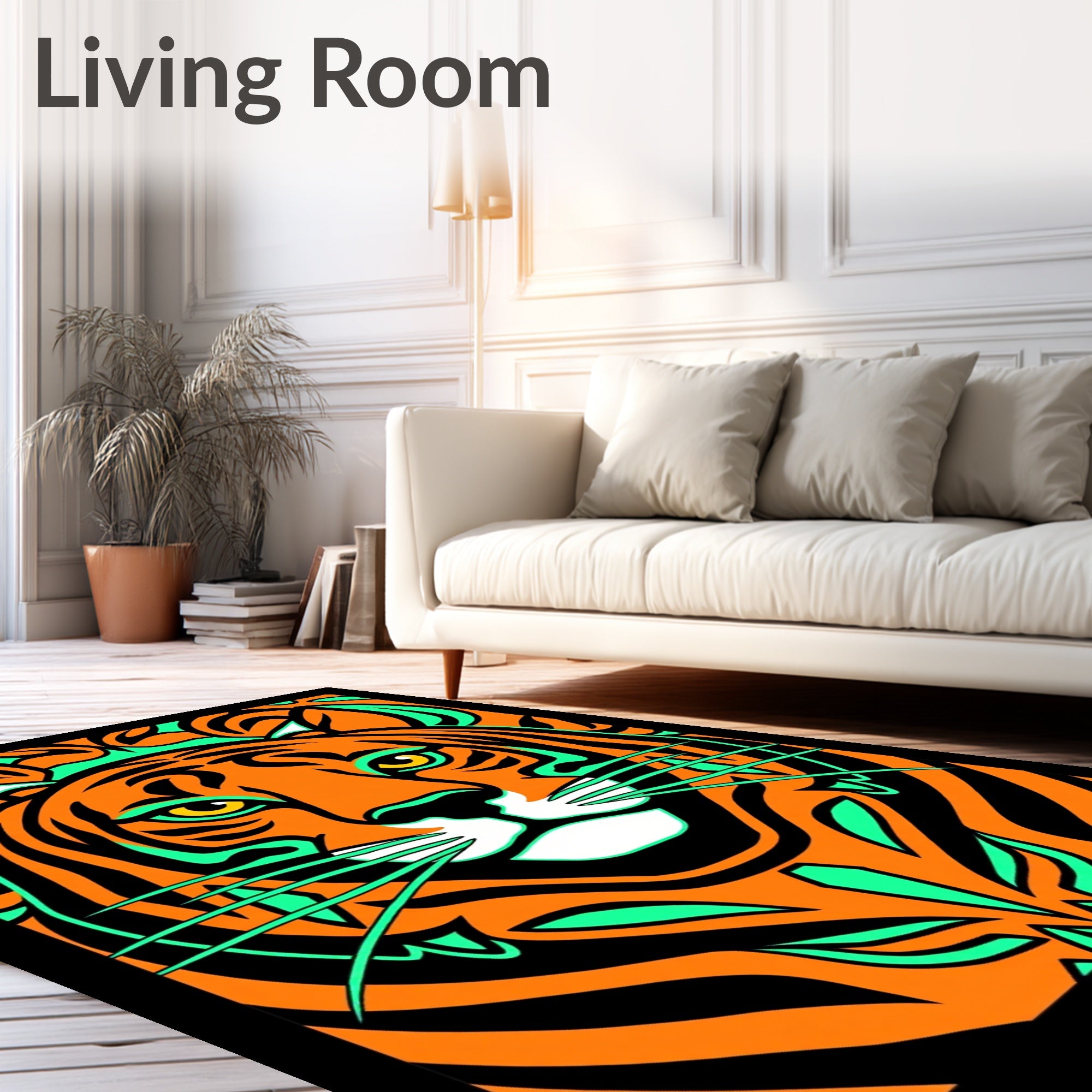 Bold Orange Tiger Face Emerald Accents Rug