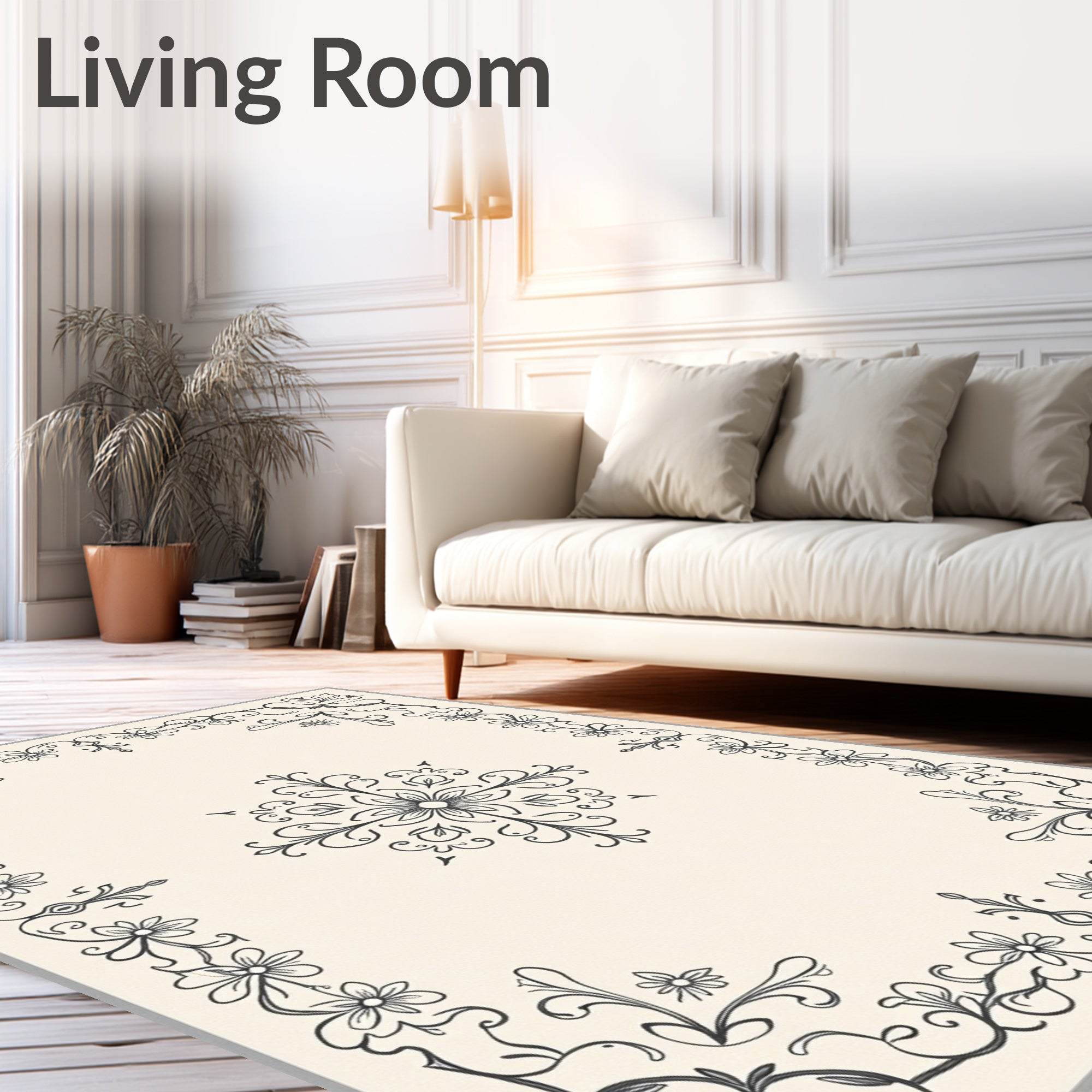 Cream Floral Vine Decorative Border Rug