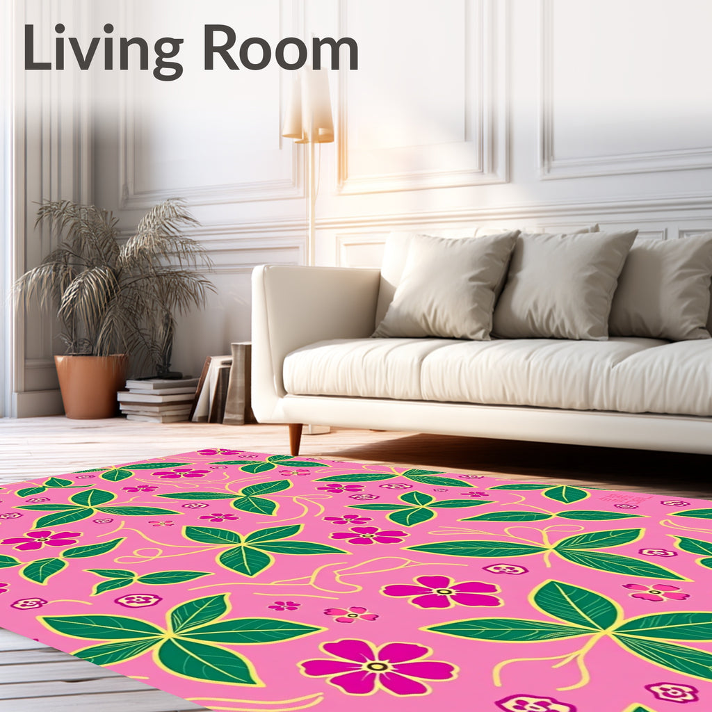 Vibrant Pink Floral Leaf Swirl Rug