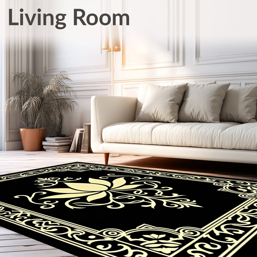 Black Golden Lotus Floral Frame Rug