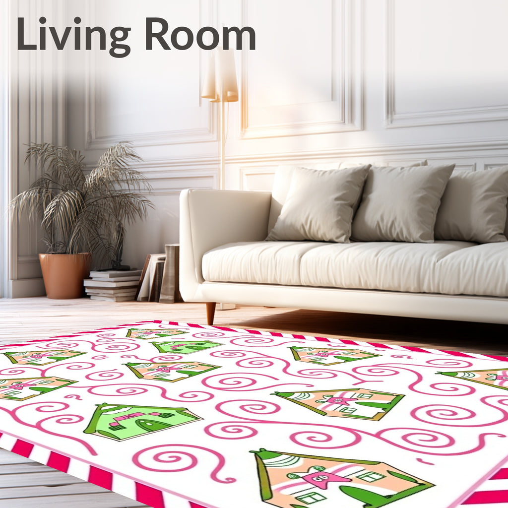 Playful Pink Green Whimsical Houses Rug