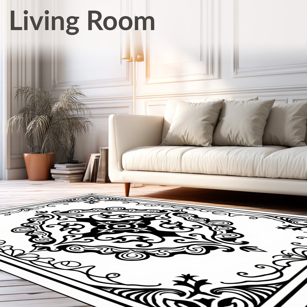 Classic Black White Scrollwork Medallion Rug