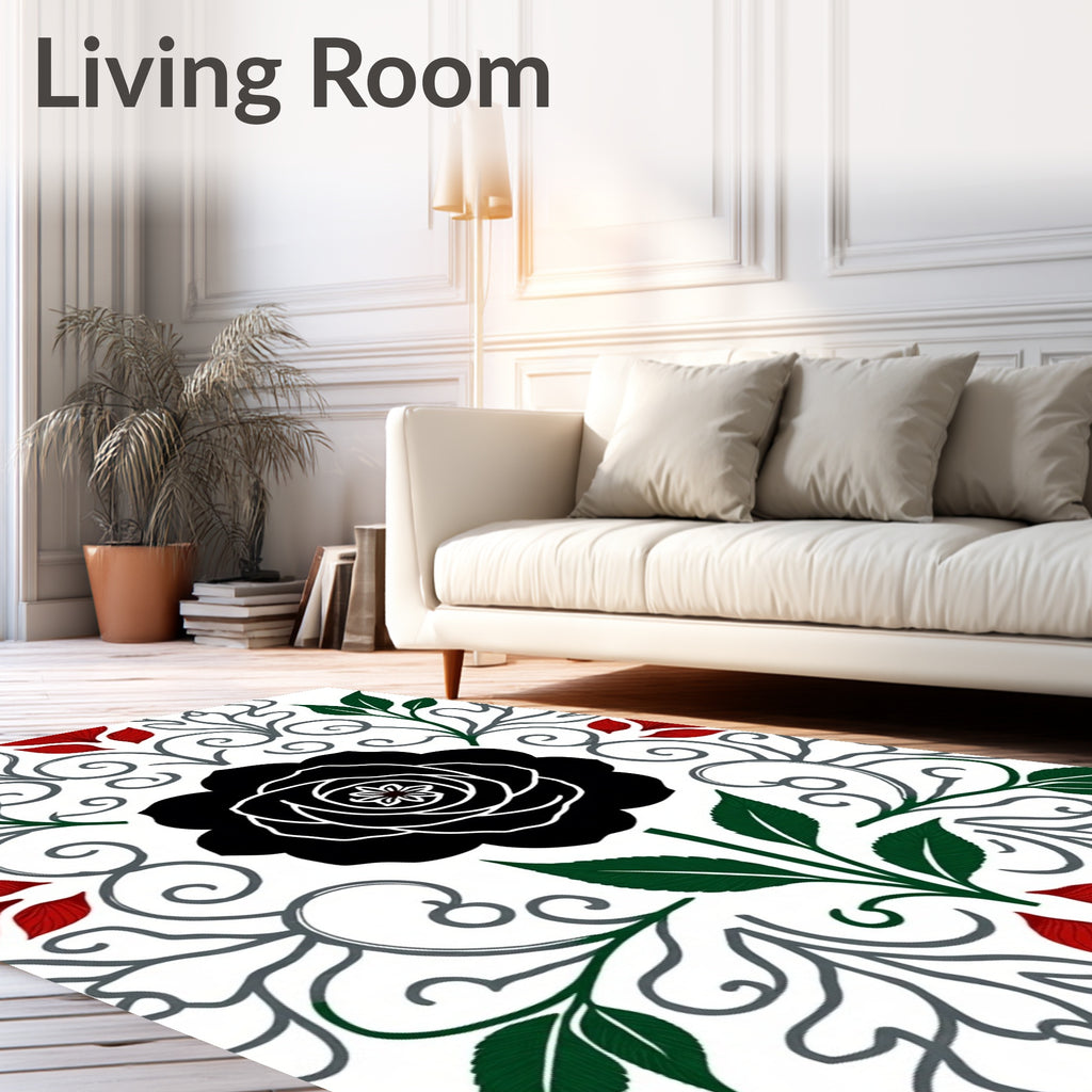 Bold Black Rose Garden Scroll Rug