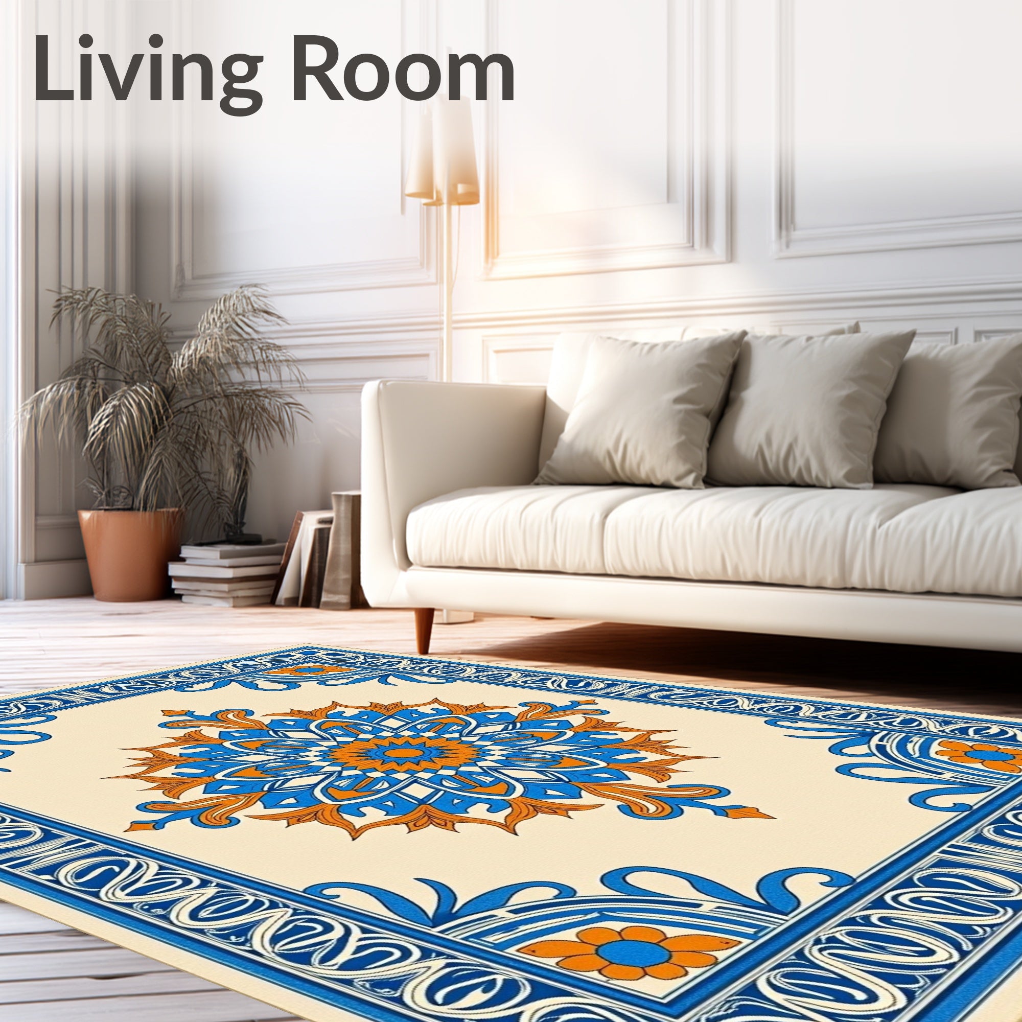 Blue Orange Floral Medallion Border Rug