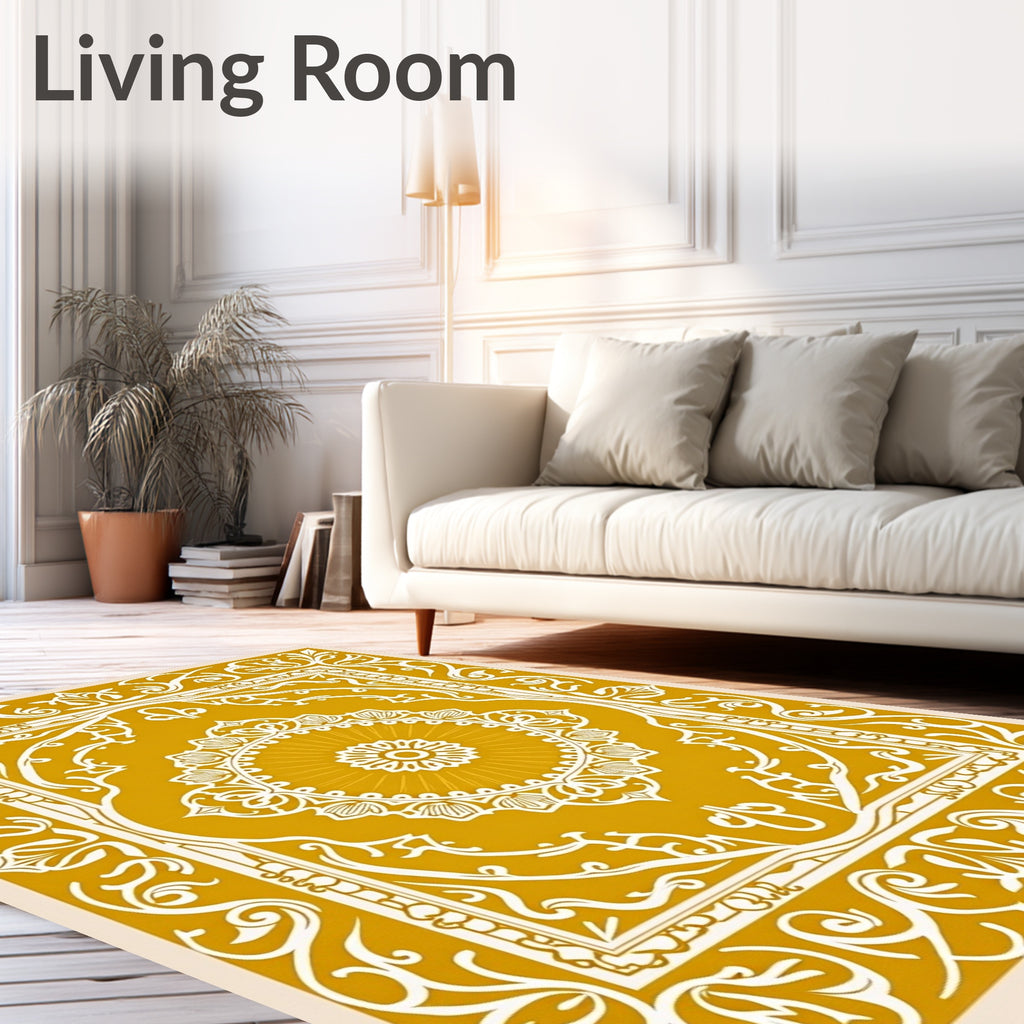Golden Ochre Floral Medallion Border Rug