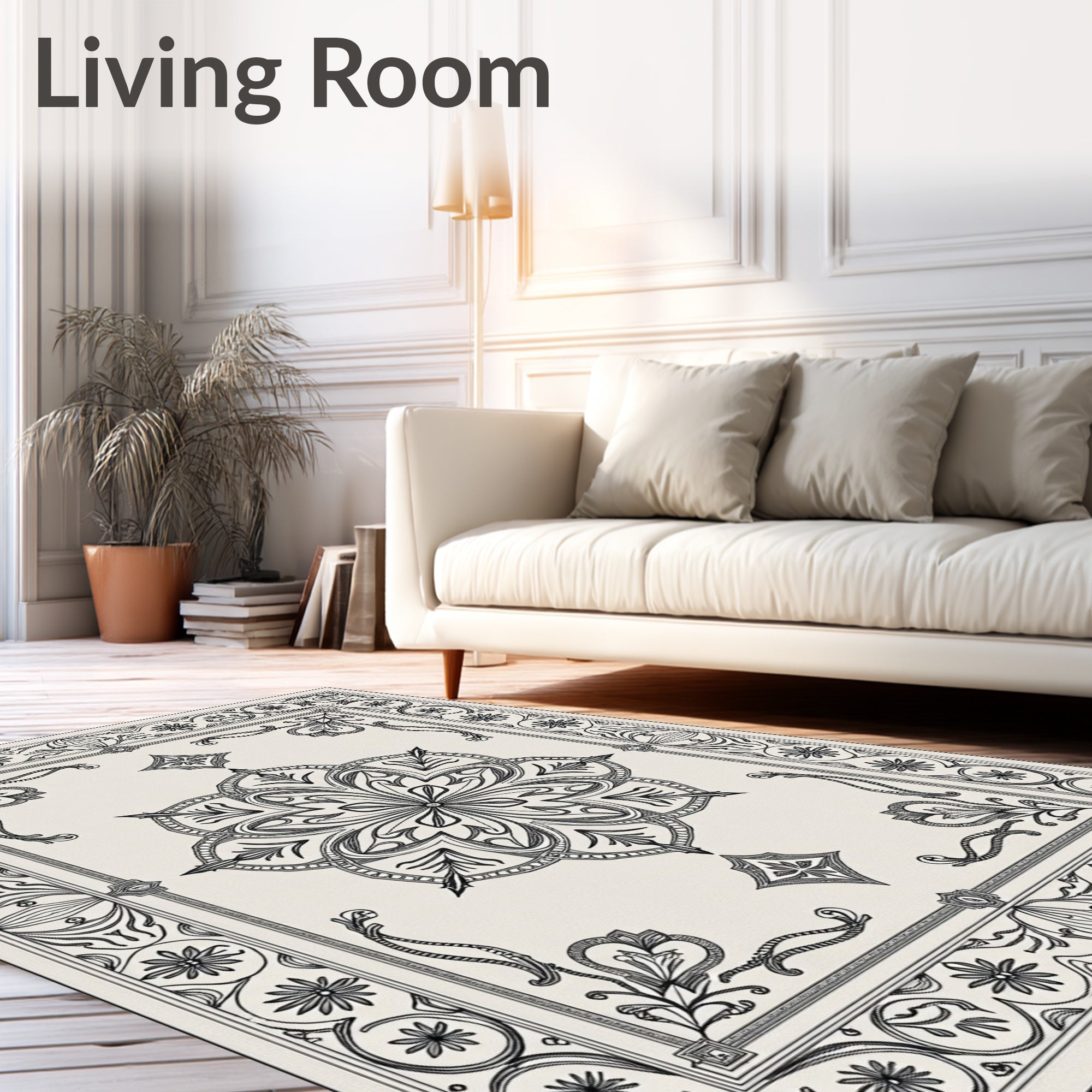 Vintage Black Floral Medallion Border Rug