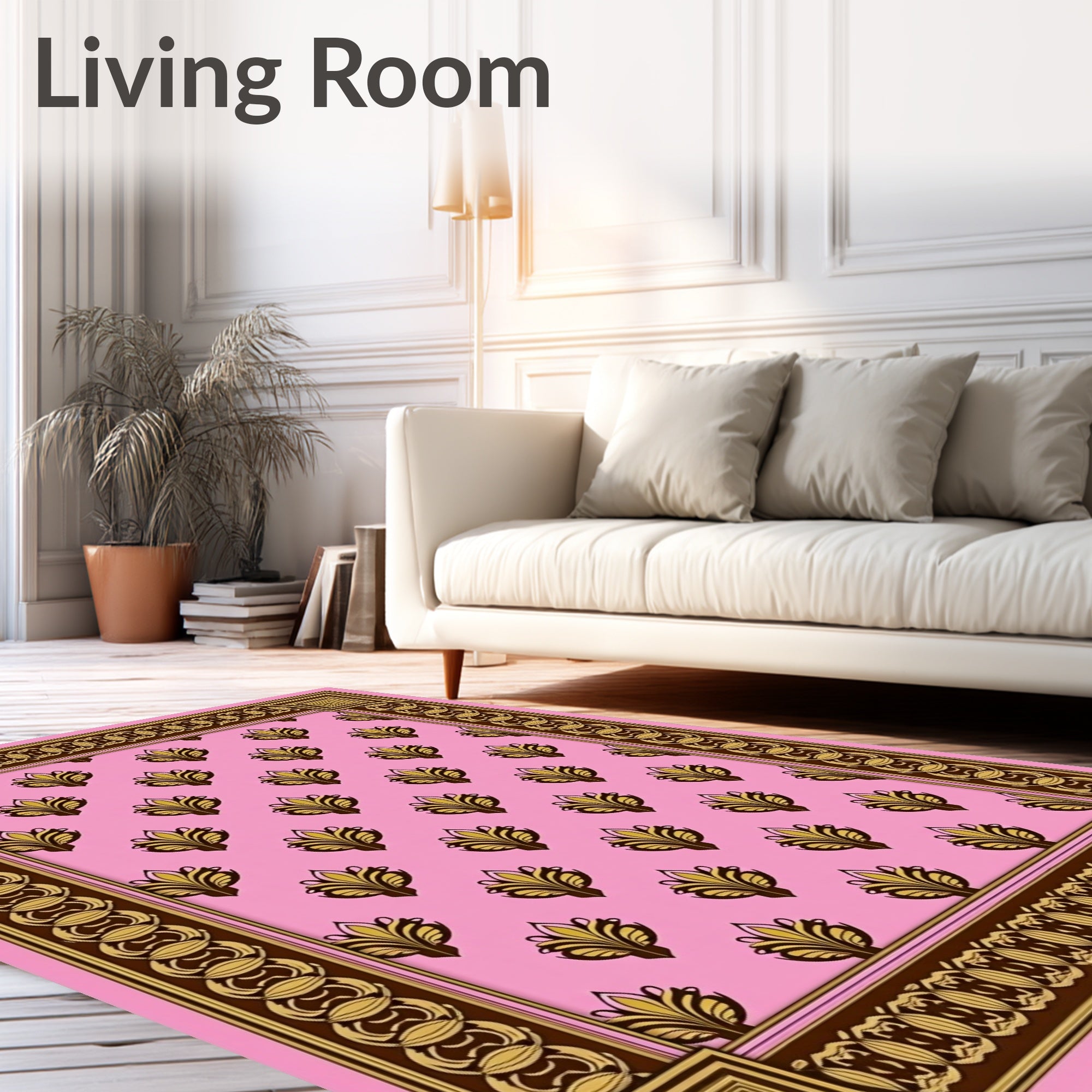Pink Golden Floral Tiled Border Rug