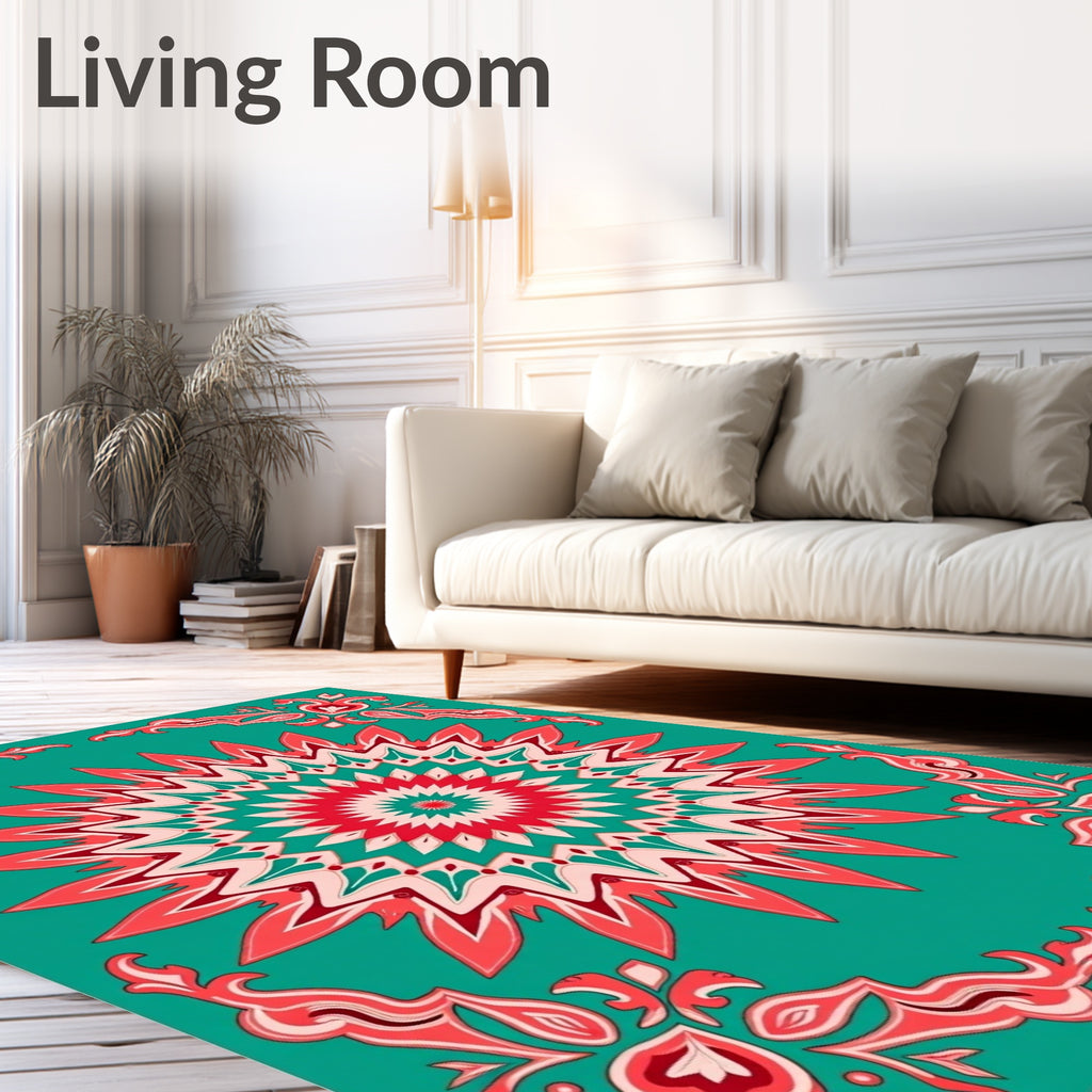 Coral Teal Sunburst Mandala Rug