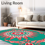 Coral Teal Sunburst Mandala Rug