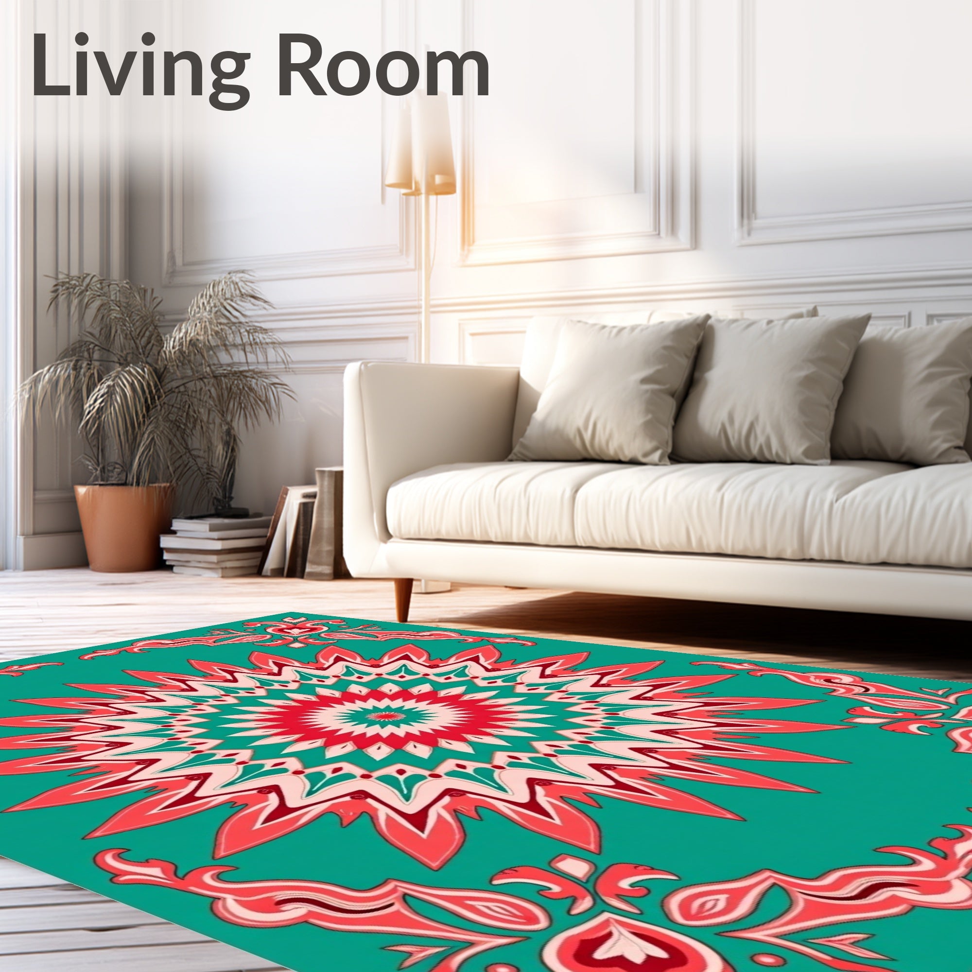 Coral Teal Sunburst Mandala Rug
