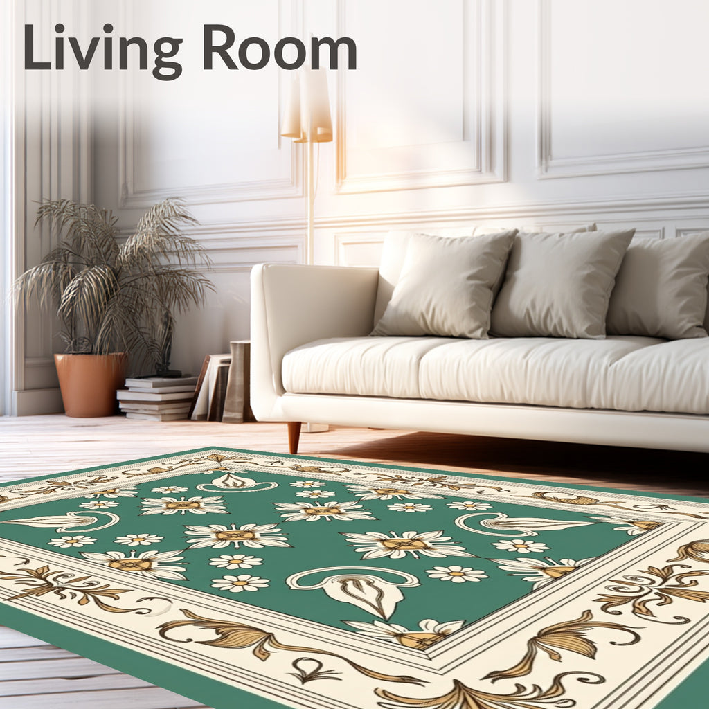 Victorian Teal Floral Medallion Border Rug