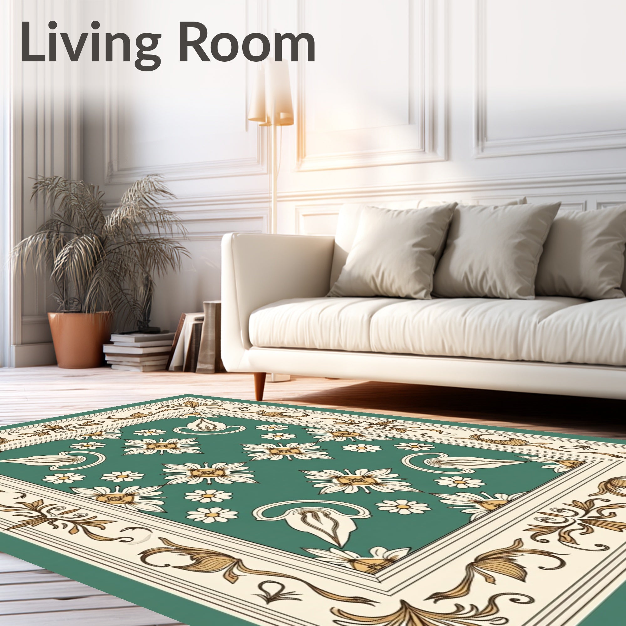Victorian Teal Floral Medallion Border Rug
