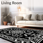 Black White Floral Medallion Art Decor Rug