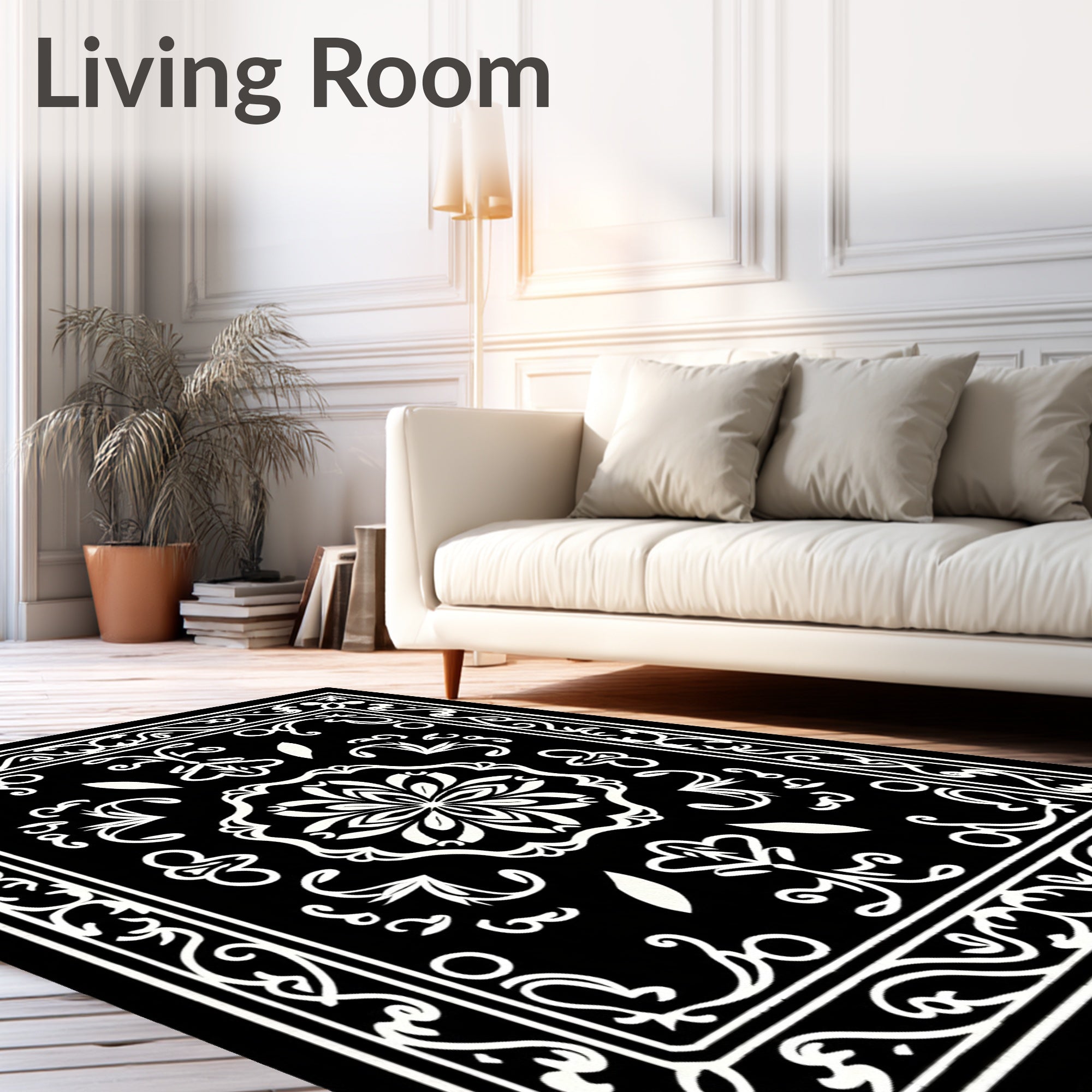 Black White Floral Medallion Art Decor Rug
