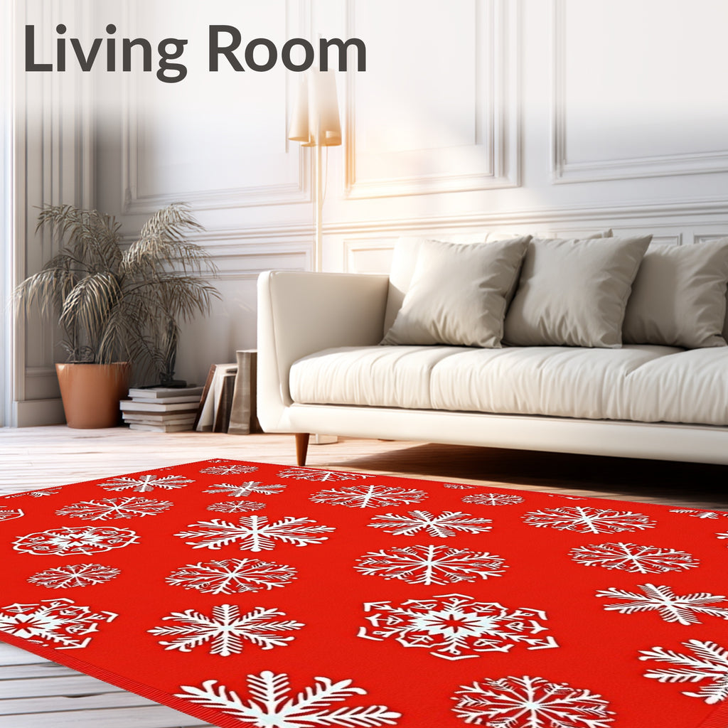 Winter White Snowflakes on Red Background Rug