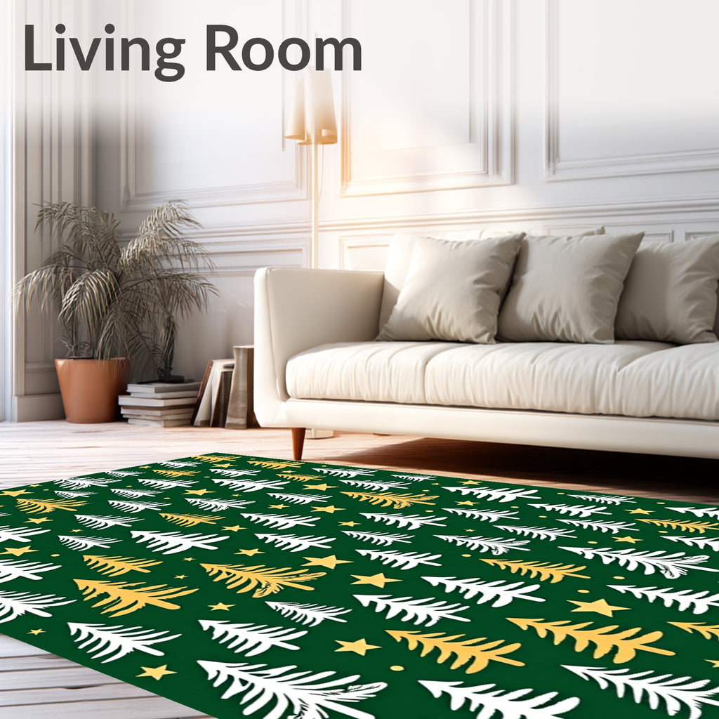 Green White Gold Forest Pines Rug