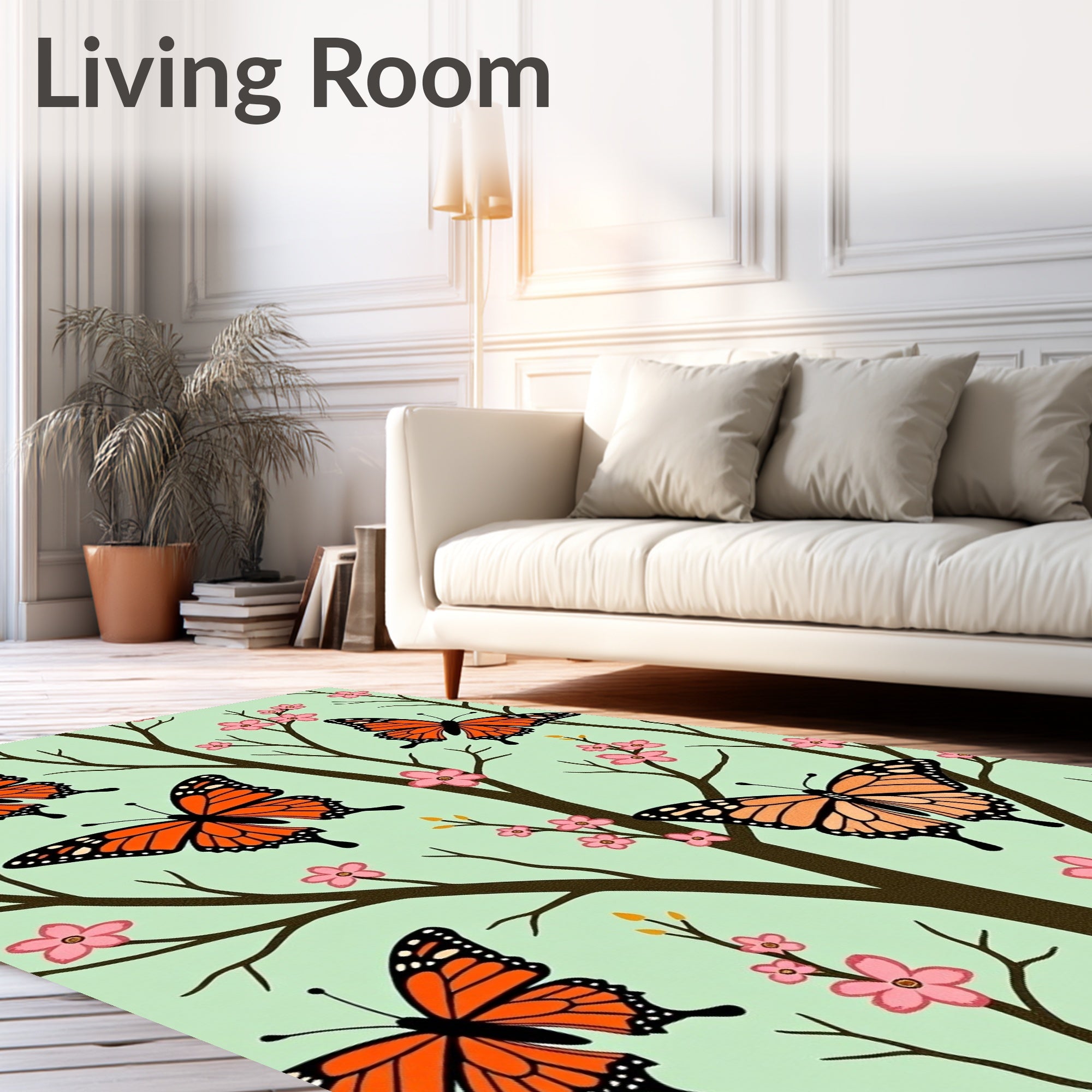 Whimsical Orange Butterfly Cherry Blossom Rug