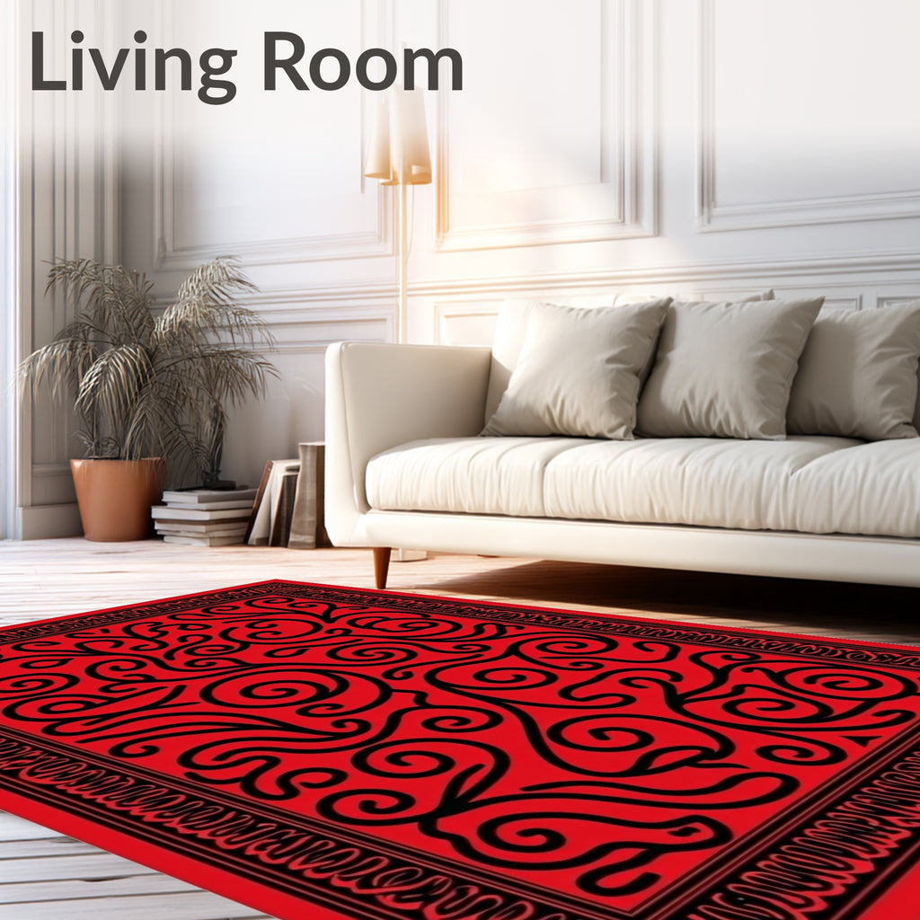 Bold Red Swirls Bordered Rug