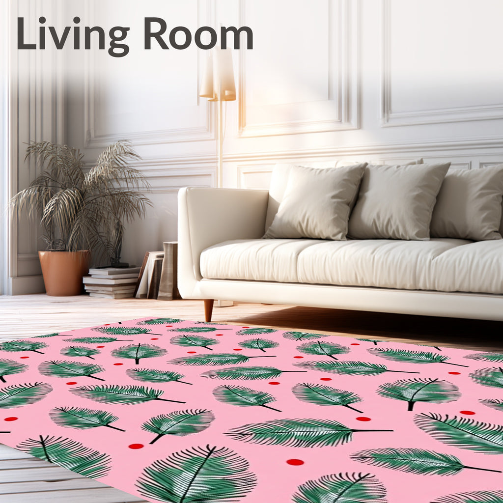 Green Palm Fronds Red Dots Pink Rug