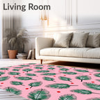 Green Palm Fronds Red Dots Pink Rug