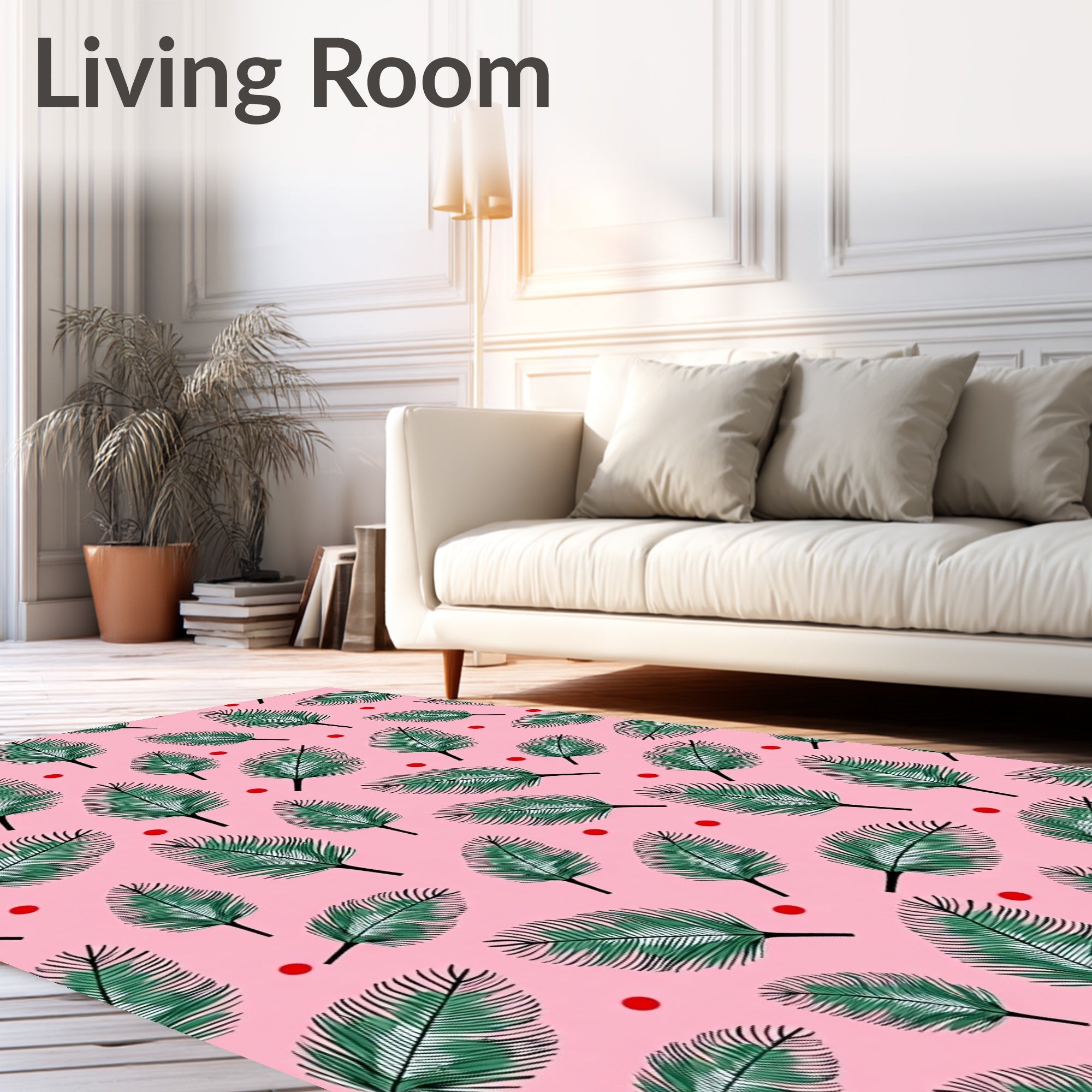 Green Palm Fronds Red Dots Pink Rug