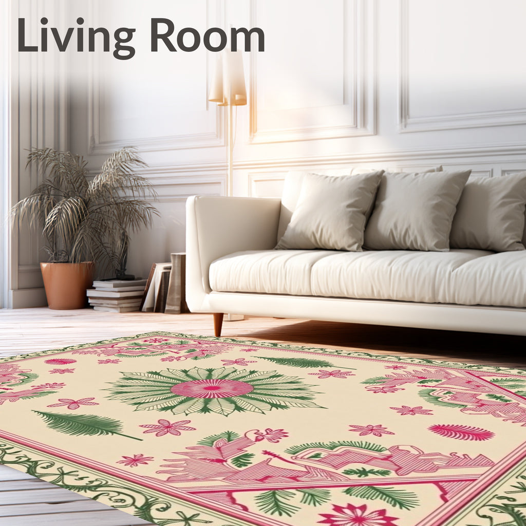 Fuchsia Green Floral Abstract Centered Rug