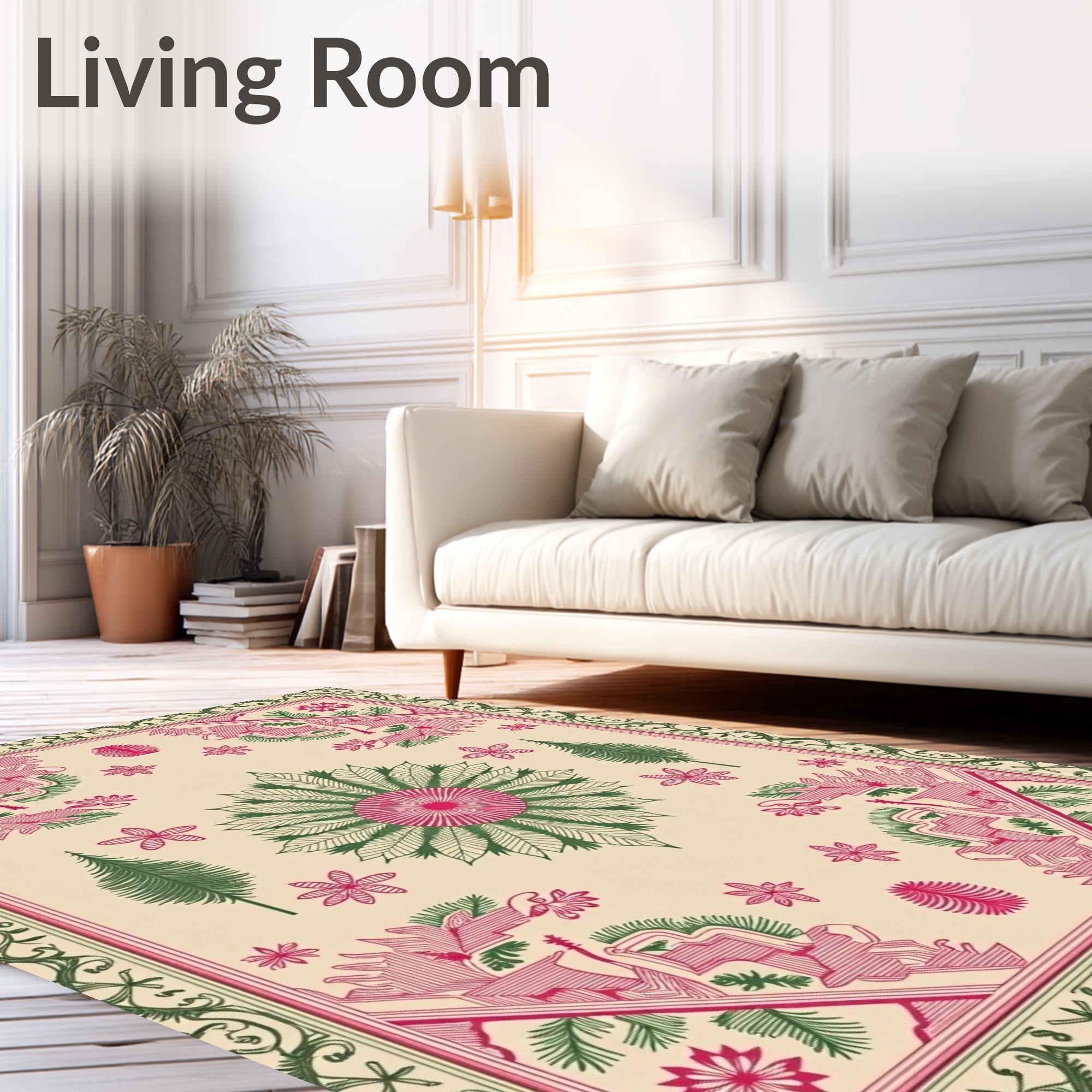 Fuchsia Green Floral Abstract Centered Rug