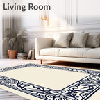 Dark Blue Ornate Scrollwork Border Rug