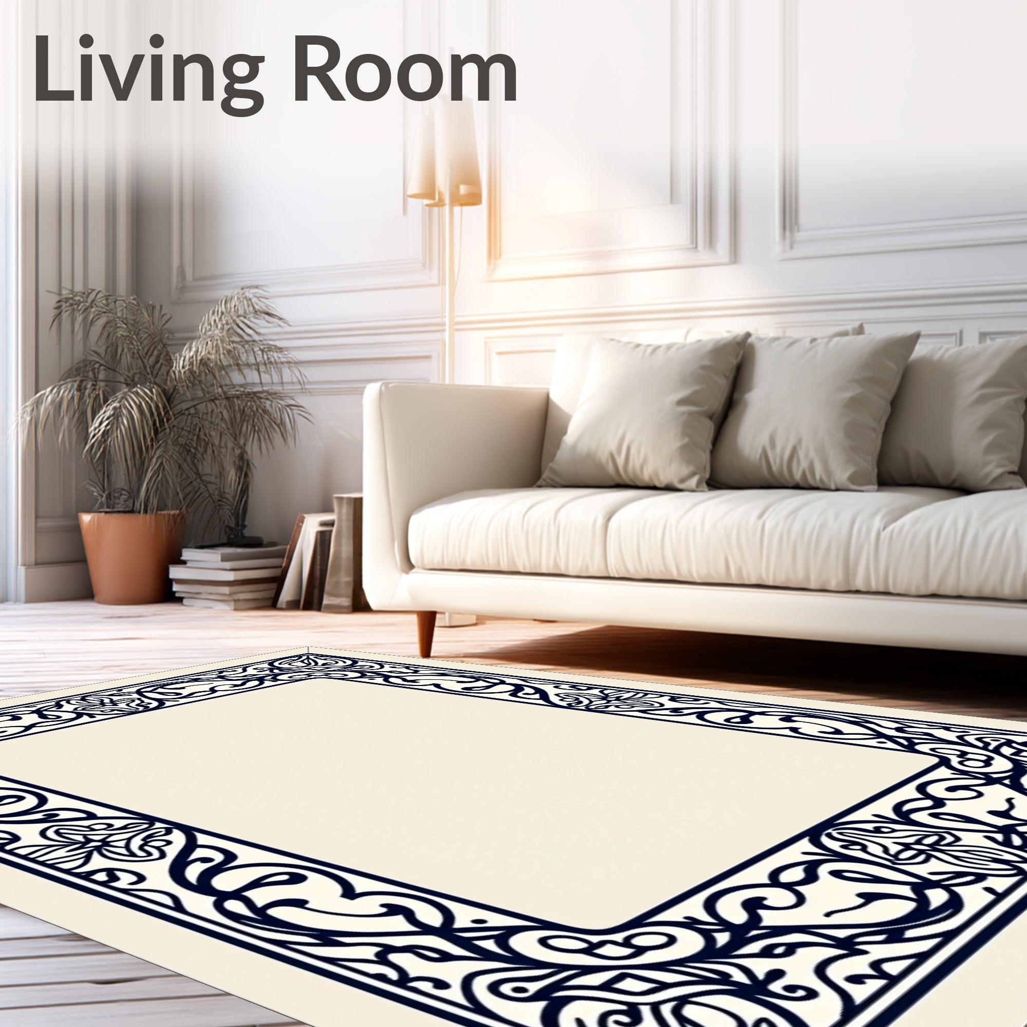 Dark Blue Ornate Scrollwork Border Rug