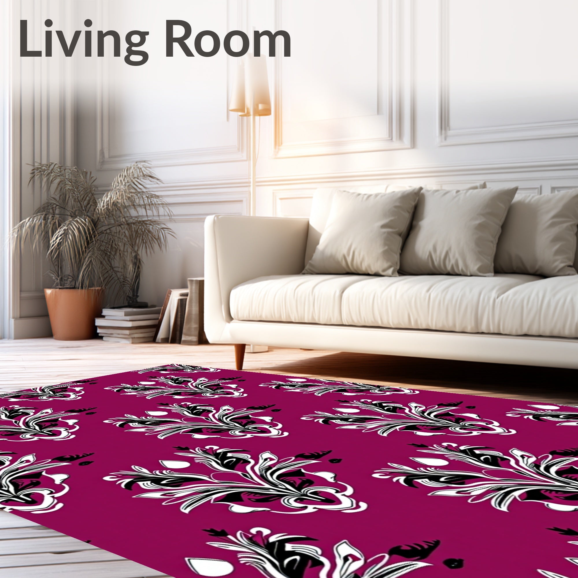 Plum Black and White Floral Damask Rug