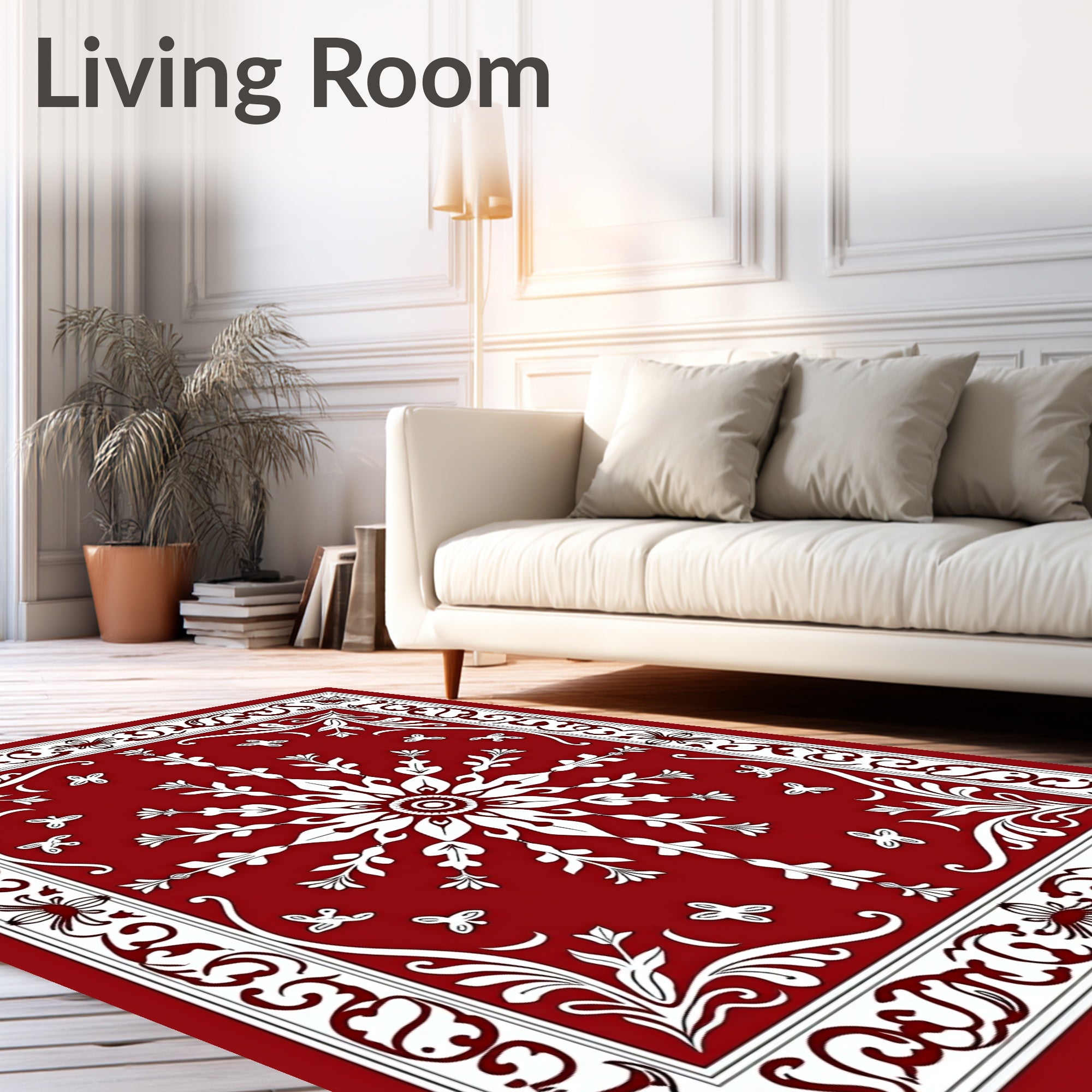 Crimson White Floral Snowflake Border Rug