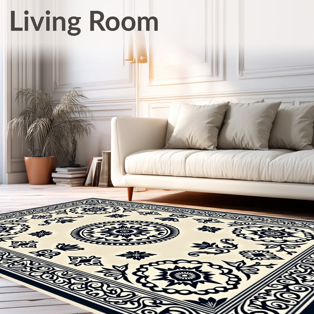 Cream Black Intricate Floral Medallion Border Rug