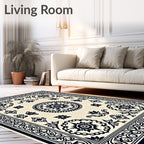Cream Black Intricate Floral Medallion Border Rug