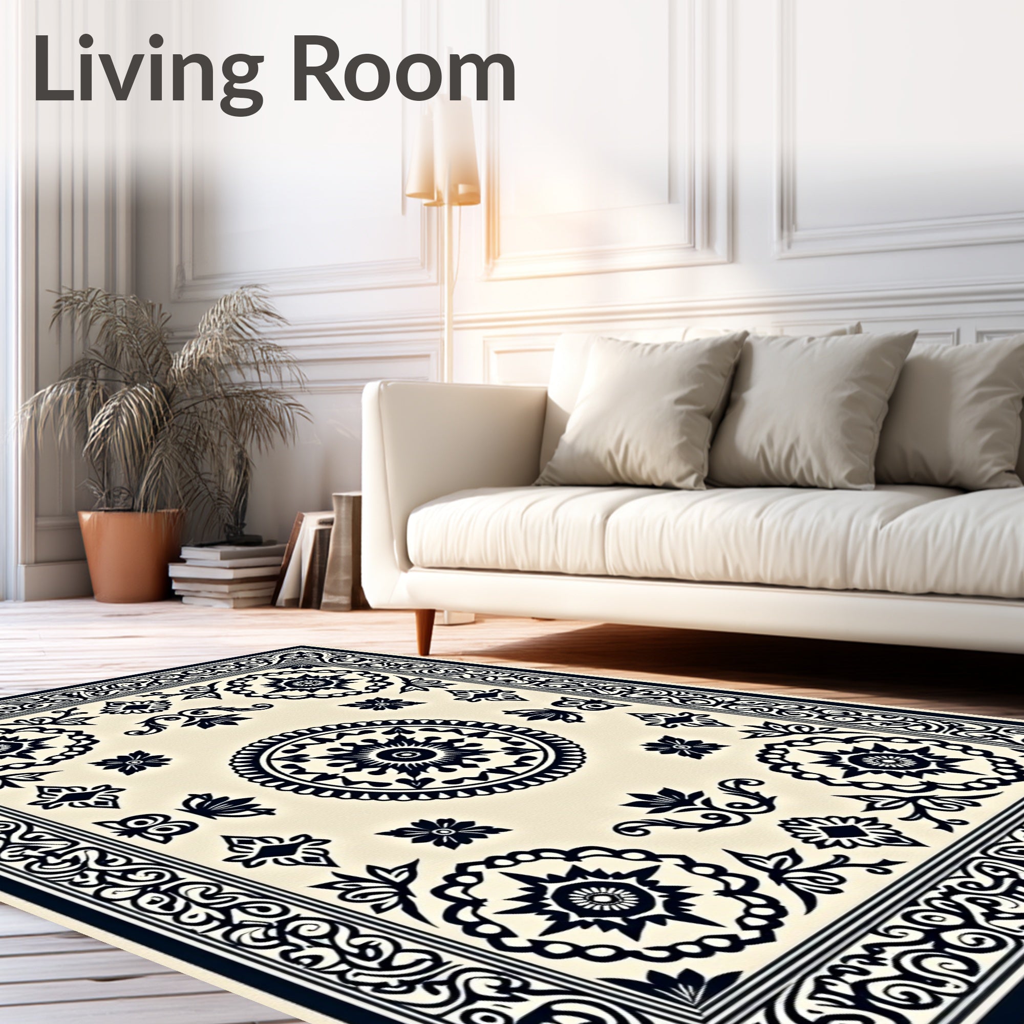 Cream Black Intricate Floral Medallion Border Rug