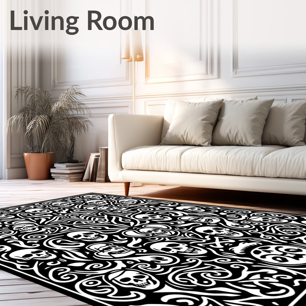 Gothic Skull Organic Swirl Black White Rug