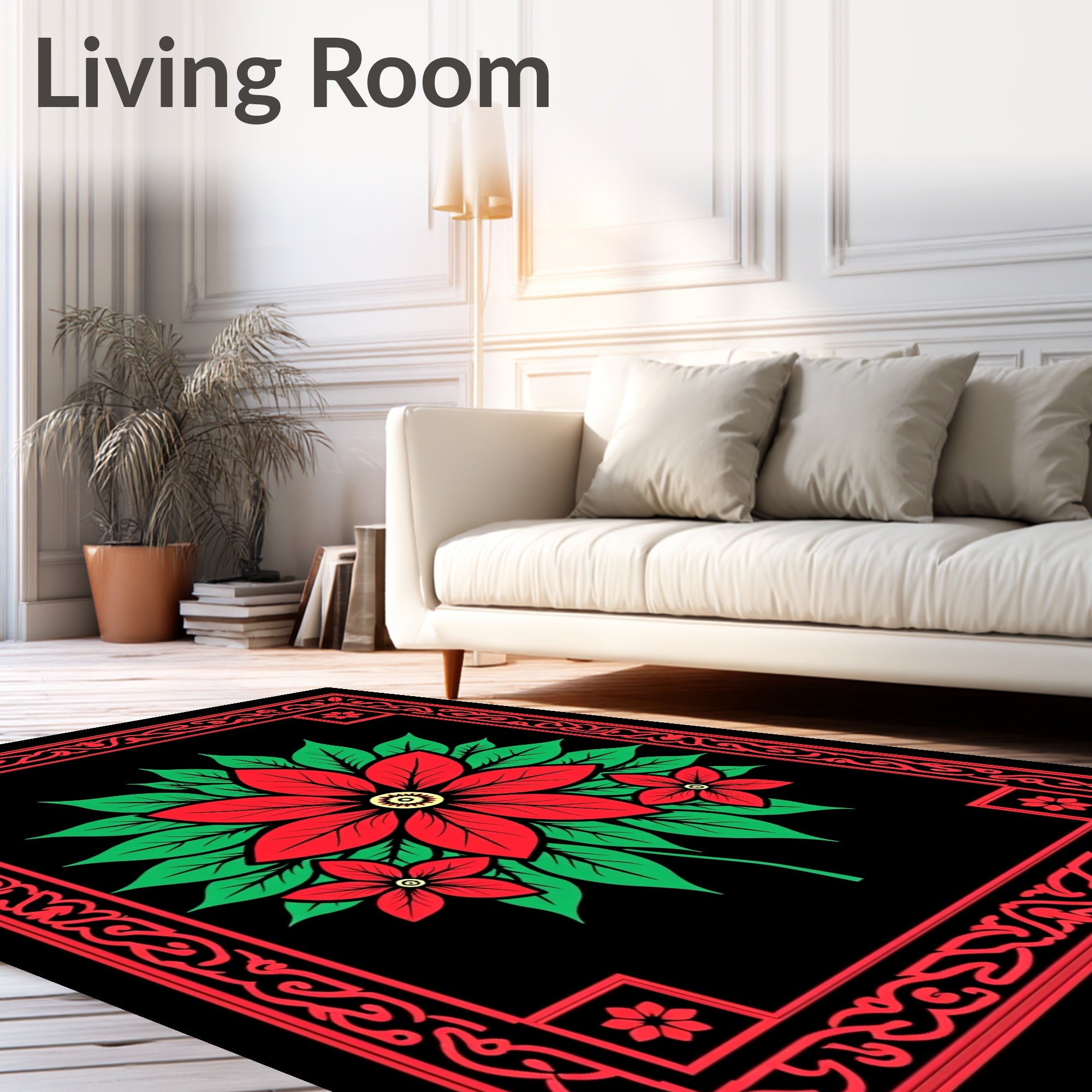 Red Green Floral Square Border Rug
